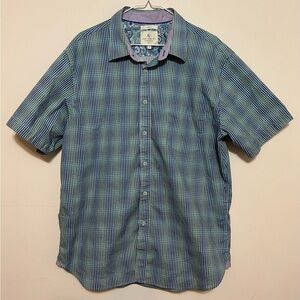 Con.Struct Short Sleeve Button Down Shirt Mens XXL Stretch Blue/Green plaid